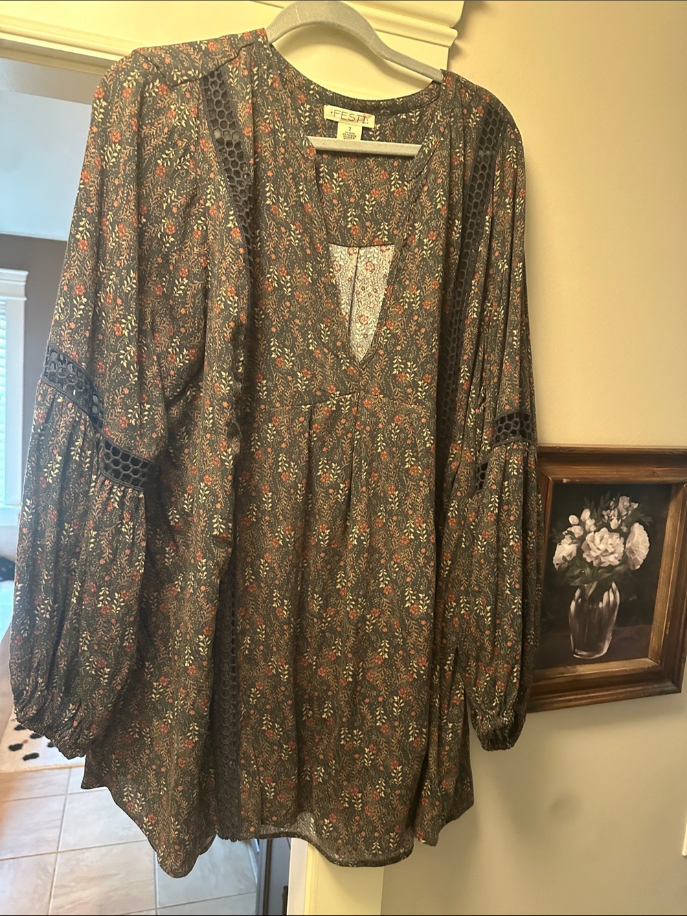 torrid Olive Floral Peasant Blouse with Black Lace Trim